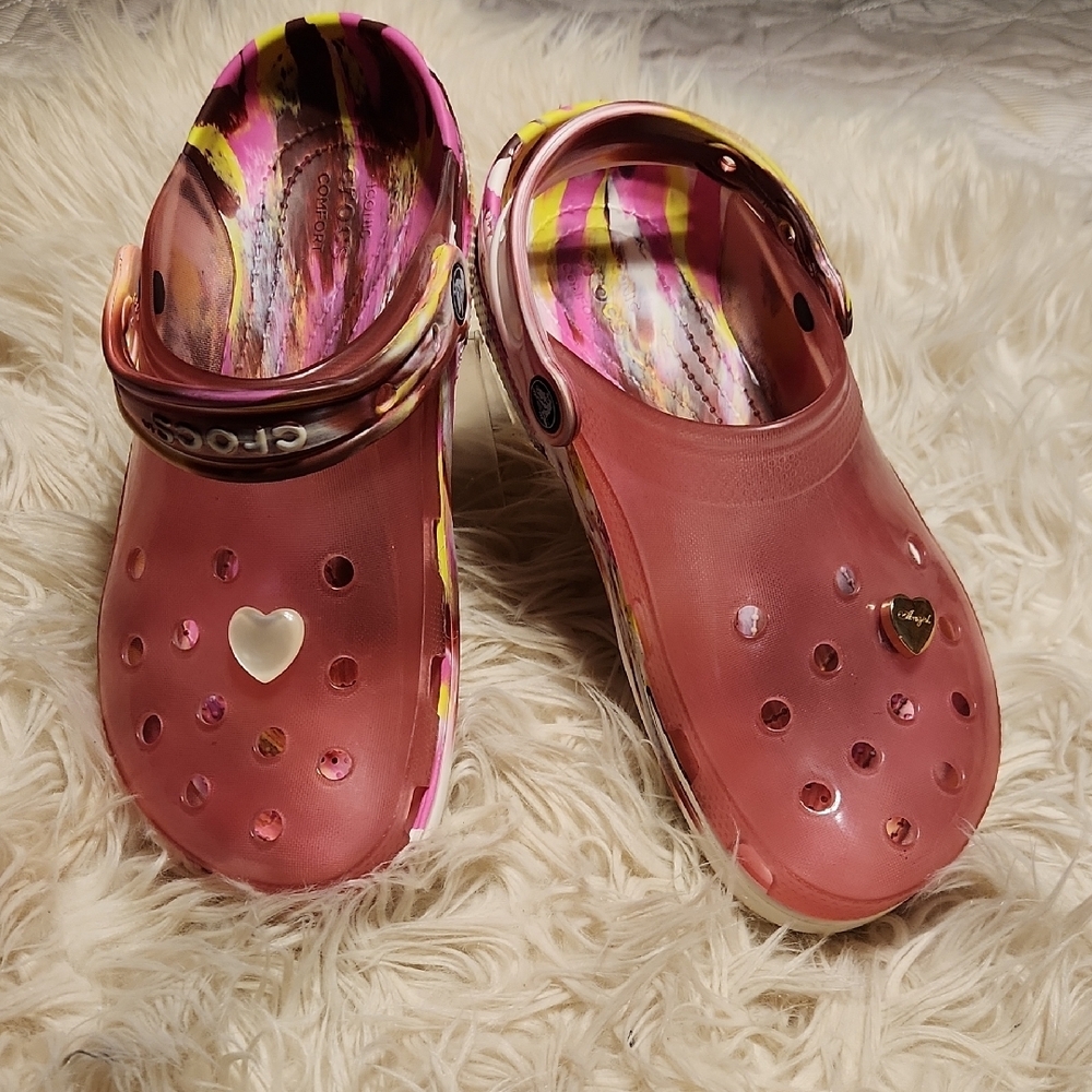Pink irredesent Crocs Clogs with Heart Charms